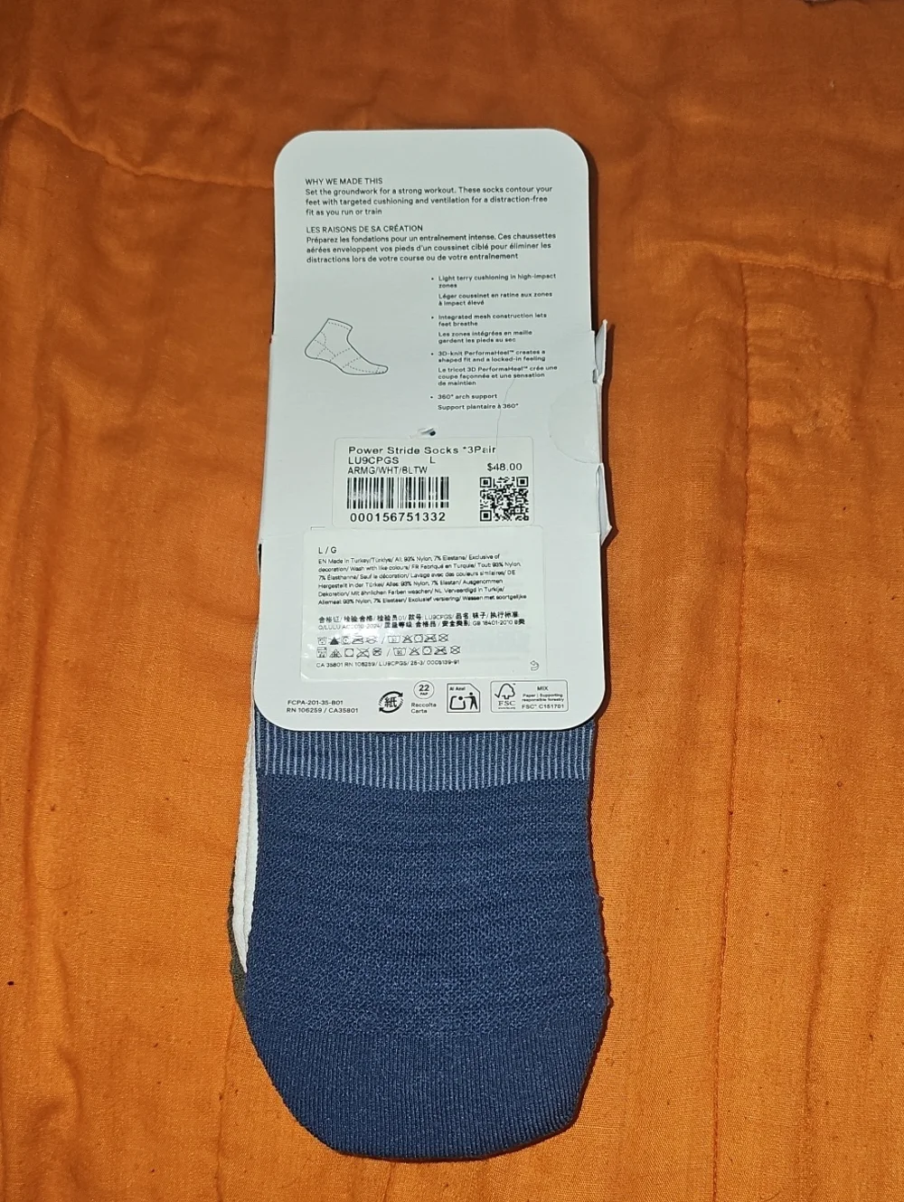 Lululemon Power Stride Socks, 3 Pair!! Nwts! ARMG/WHT/BLTW!! Sz Large